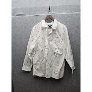 Lands End Womens Button-Down Shirt 2X White With Green Cactus Embroidery Cotton
